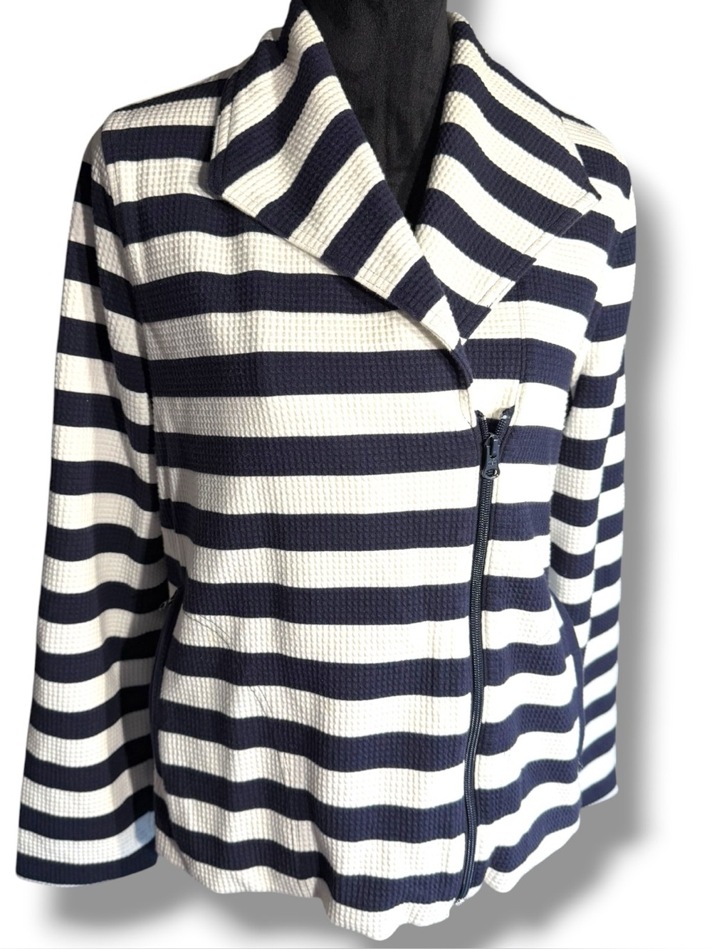 T By Talbots moto jacket features a navy and white striped large
